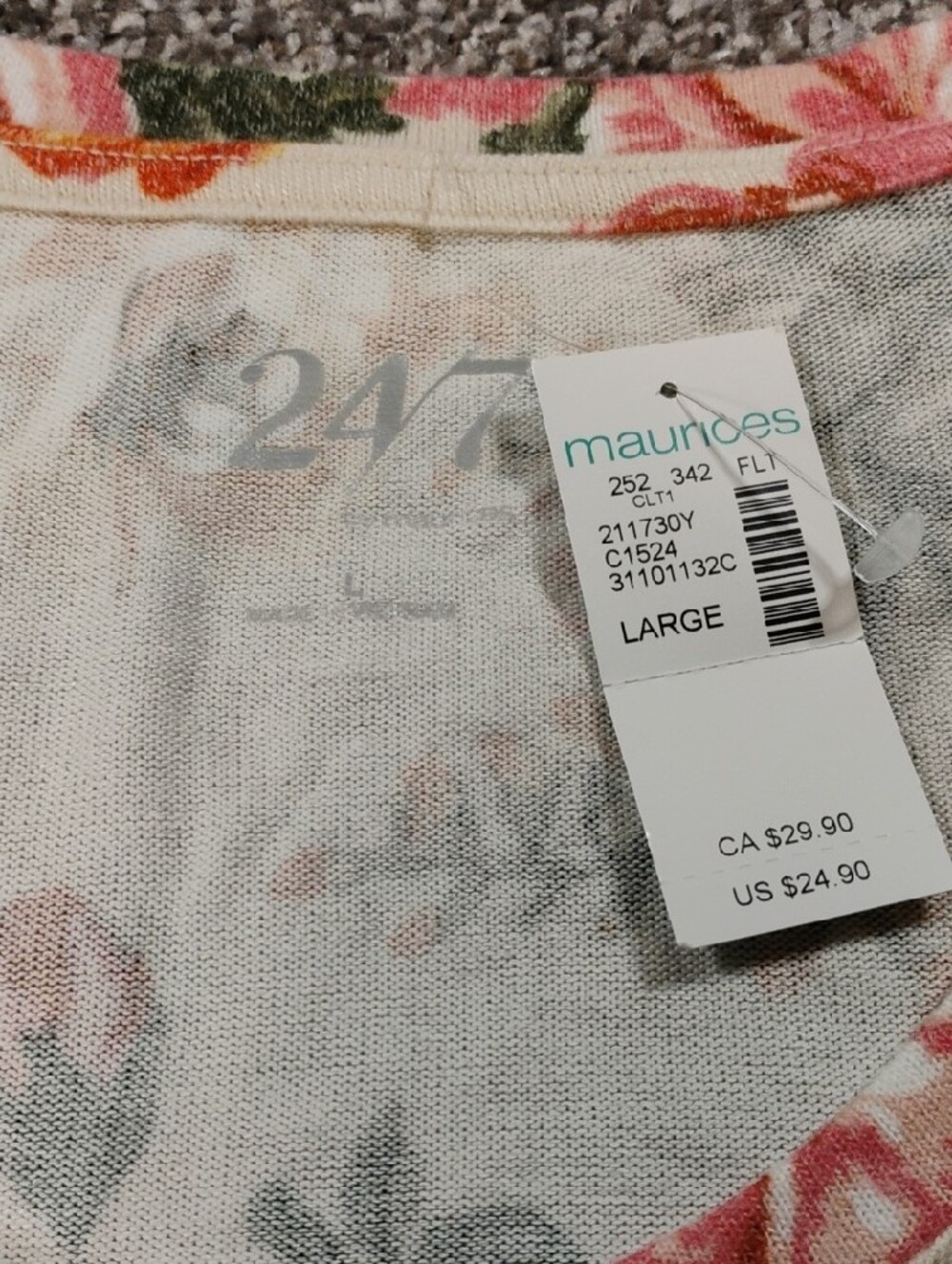 Maurices Cream Floral V-Neck Short Sleeve Tee with Pink Orange Yellow Flowers - Picture 2 of 4